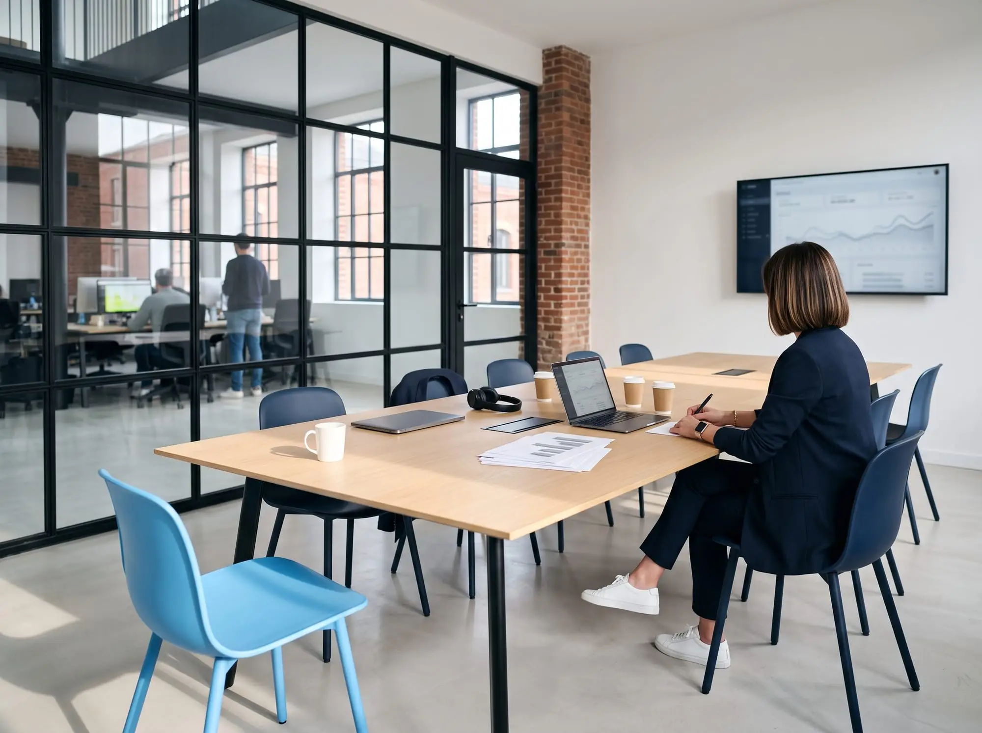 Illustration générée par intelligence artificielle : la salle de réunion vitrée d'une ancienne filature réhabilitée, une femme de dos en bout de table, une chaise bleu ciel vide en face d'elle dans la lumière