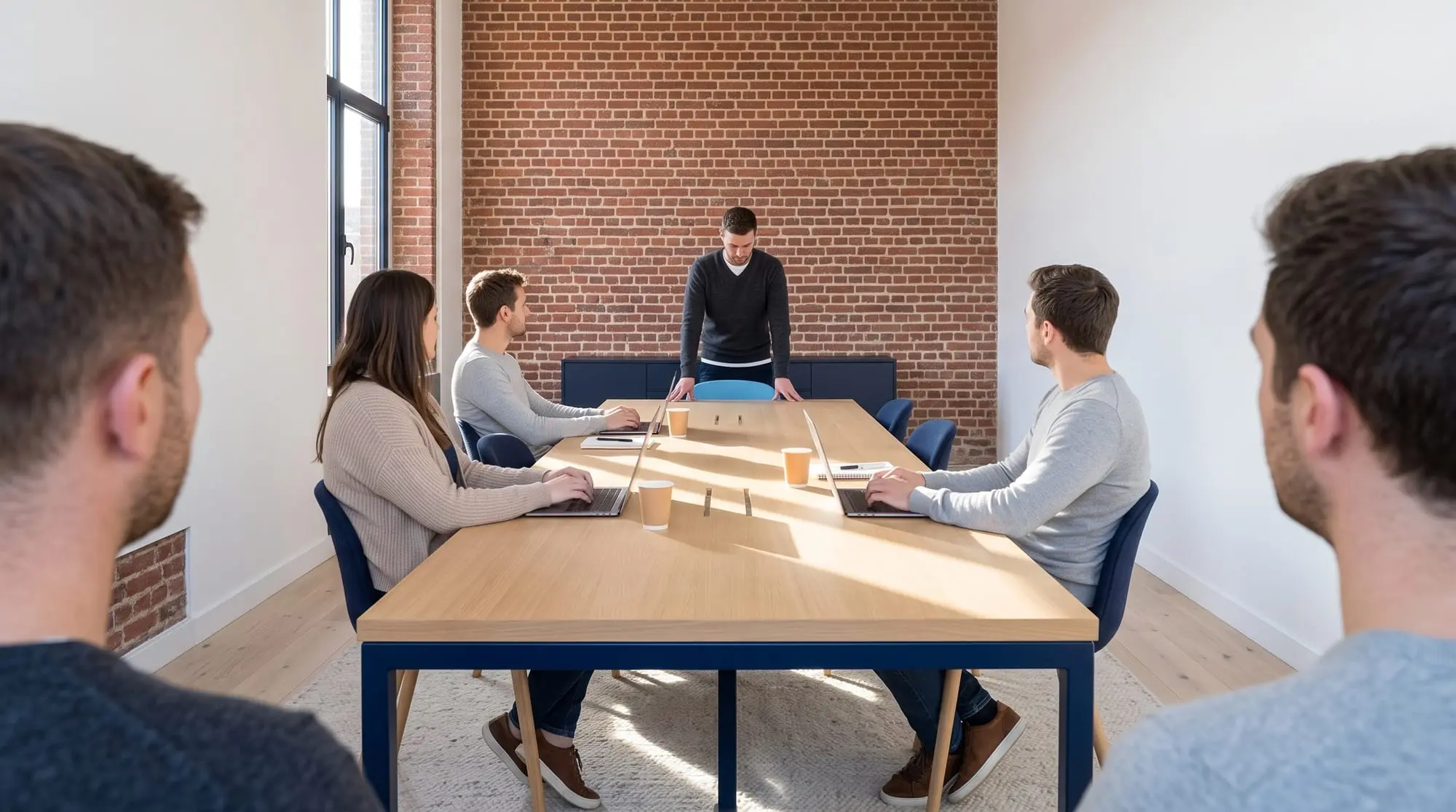 Illustration générée par intelligence artificielle : une personne debout au bout d'une table de réunion, face à quatre collègues assis, dans une salle au mur de brique