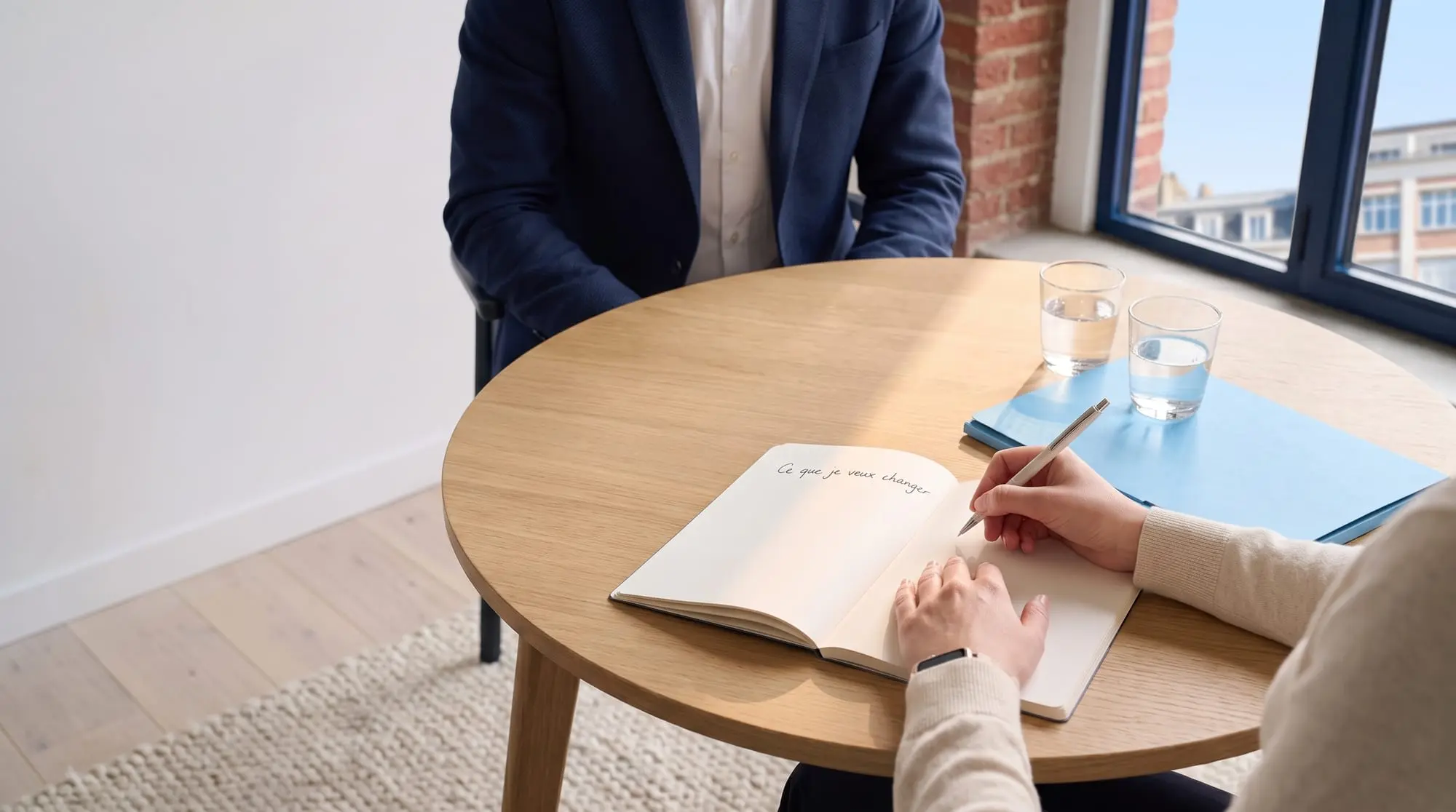 Illustration générée par intelligence artificielle : des mains écrivant l'objectif d'un coaching sur un carnet ouvert, une chemise bleue posée à côté